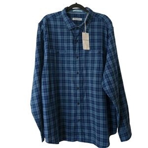NWT Tommy Bahama Mens Cotton Plaid Long Sleeve Shirt Double Cloth Blue Size 2XLT